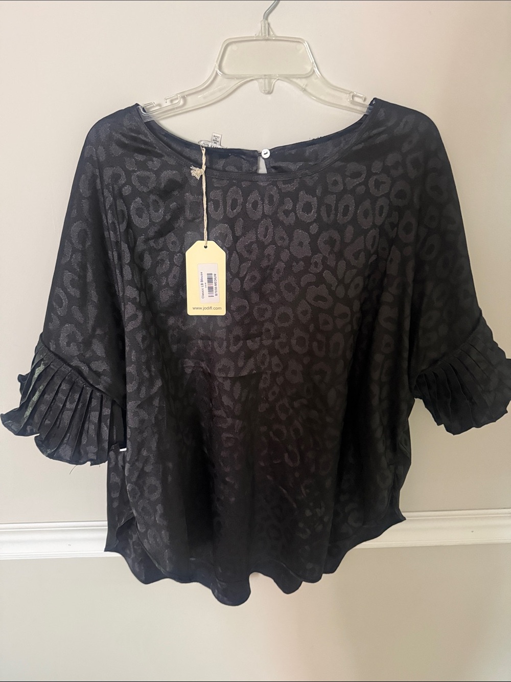 JODIFL Black Leopard Satin Blouse with Pleated Ruffle Sleeves